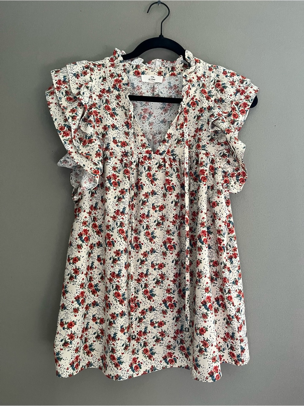 entro Floral Rose Ruffle Sleeve Blouse Top V-Neck Tie Cottagecore Relaxed Fit